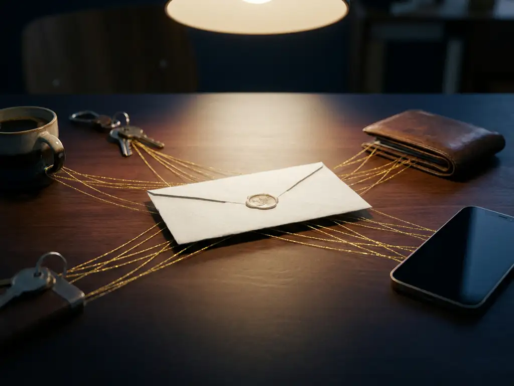 White envelope on dark desk with golden threads connecting to personal items including a coffee cup, wallet, keychain, and smartphone.