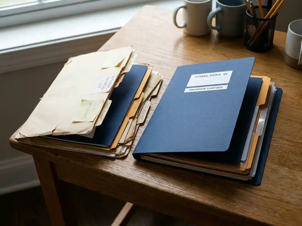 Two open file folders on an oak desk, one worn with handwritten notes and one crisp, revealing layered customer profile documents in navy and amber tones.