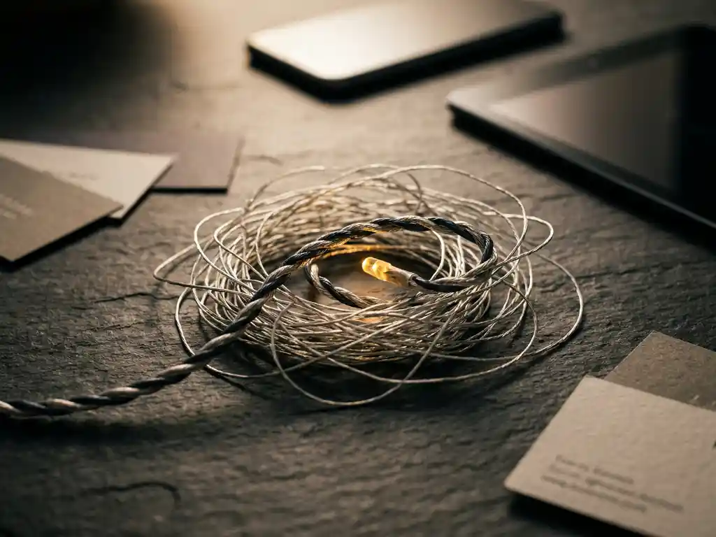 Tangled silver threads converging at a glowing amber node on dark slate, surrounded by business cards and device silhouettes.