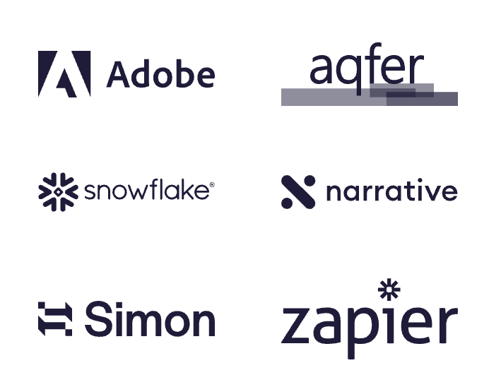 Adobe, Aqfer, Snowflake, Narrative, Simon, and Zapier partner logos.