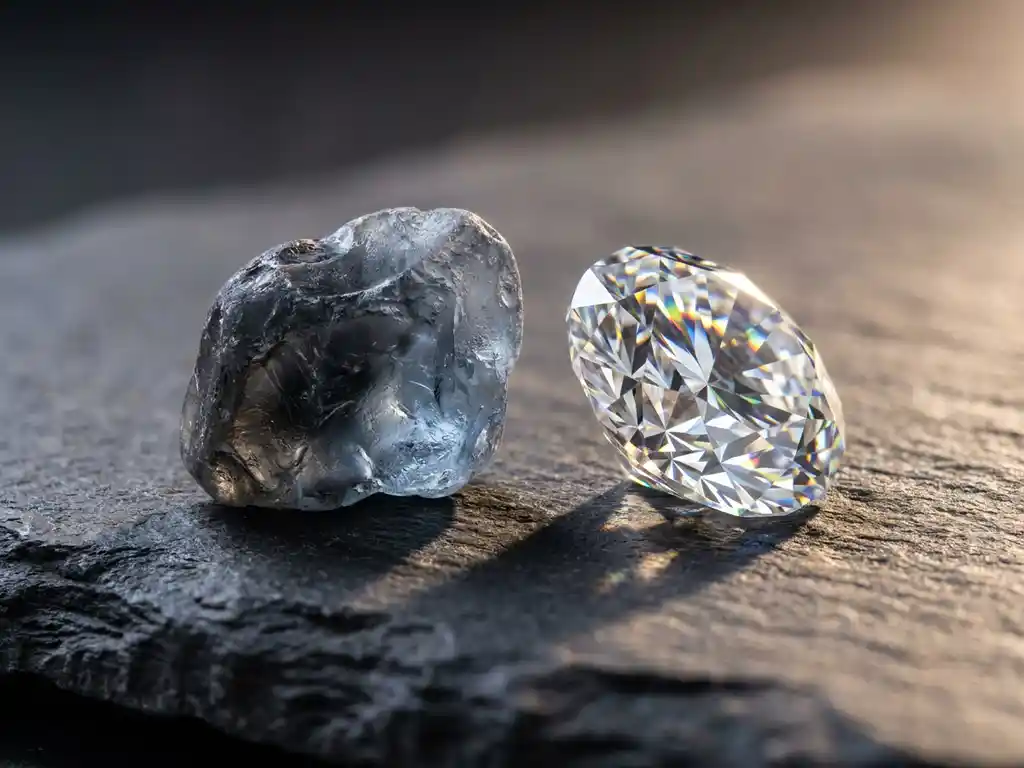 Raw cloudy gemstone beside a faceted diamond on dark slate, one refracting prismatic light, the other rough and opaque.