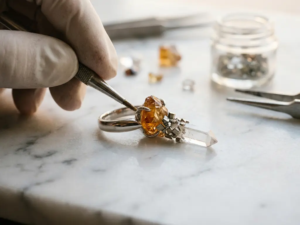 Rough amber gemstone being set into a platinum jeweler's mounting on white marble, with raw crystals scattered nearby.