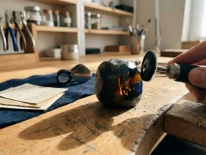 Raw gemstone mid-polish on jeweler's workbench, rough dull surface transforming into brilliant faceted clarity, with loupe and reference cards nearby.