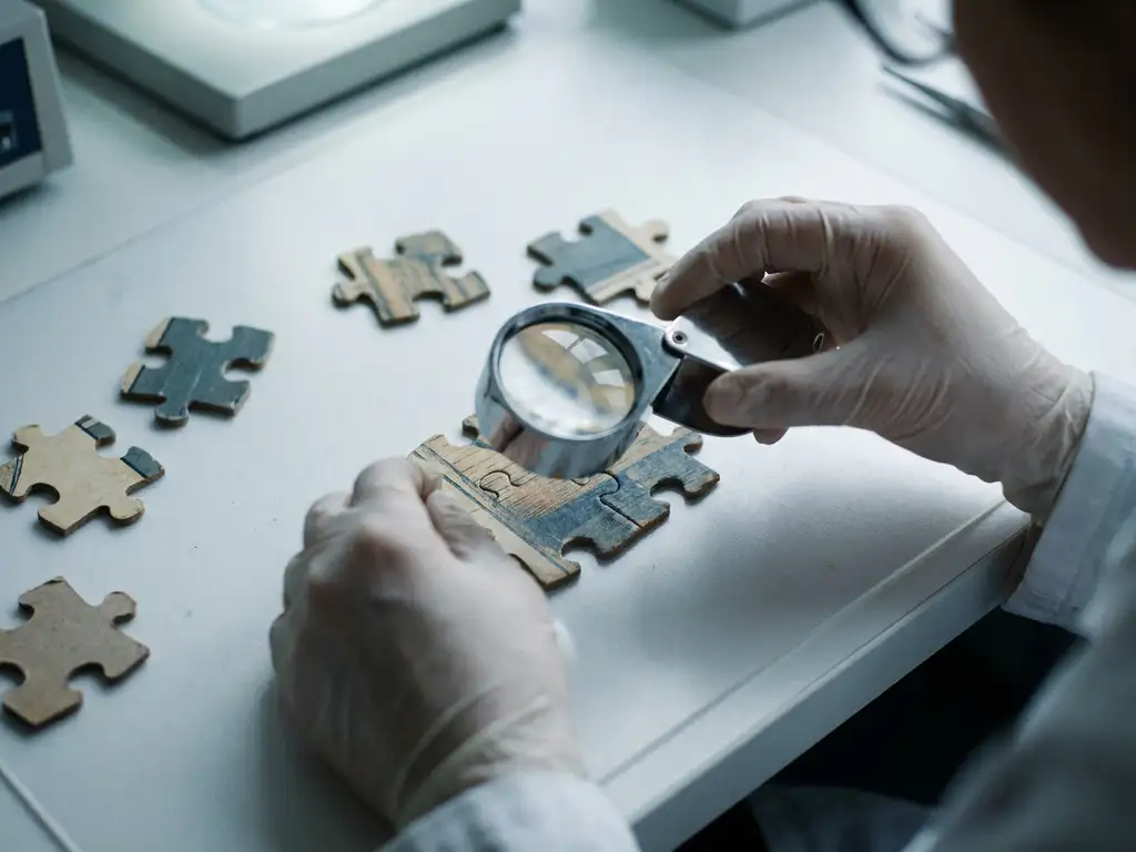 Scientist examining a single puzzle piece with a magnifying loupe on a white lab table, surrounded by scattered puzzle fragments.