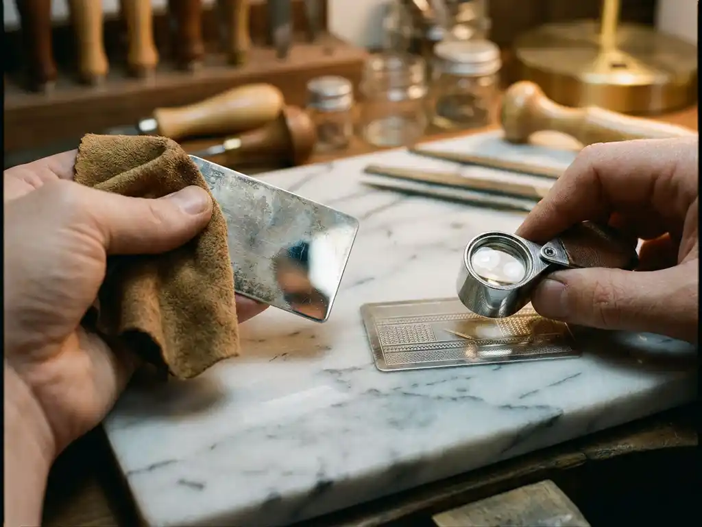 Jeweler's workbench with a polishing cloth buffing a silver data card and a loupe revealing engraved details, warm studio lighting.