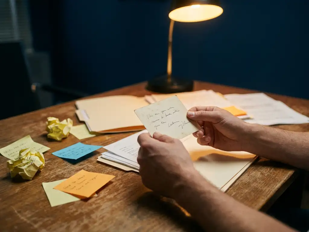 Small business owner reviewing a sparse customer profile card on a wooden desk with scattered sticky notes and incomplete files.