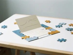 Open contact card on a modern desk with puzzle pieces assembling around it, representing unified customer identity data in slate blue and amber tones.
