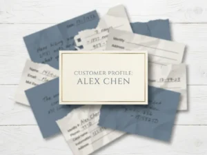 Unified customer profile card rising from scattered fragmented identity slips on a white desk, symbolizing data consolidation.
