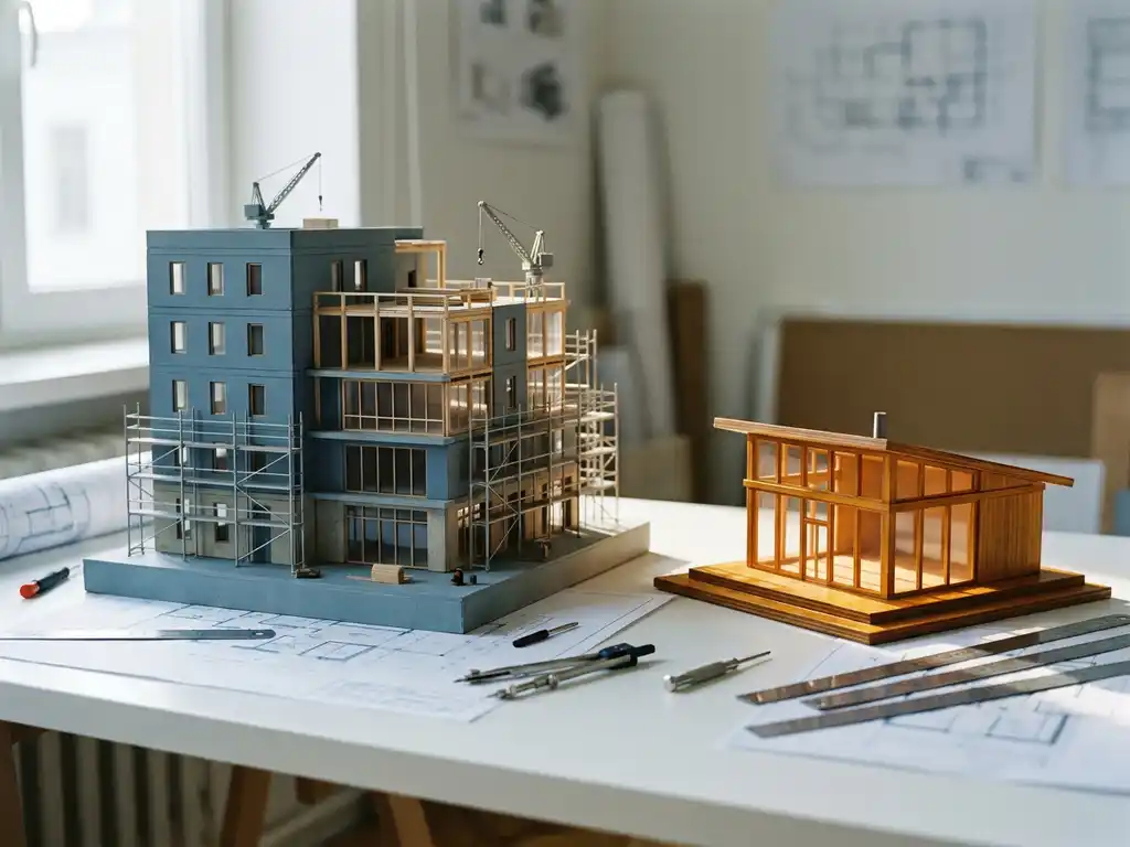 Architect's scale models of a building in progress and finished structure on a white desk with blueprints and precision tools nearby.