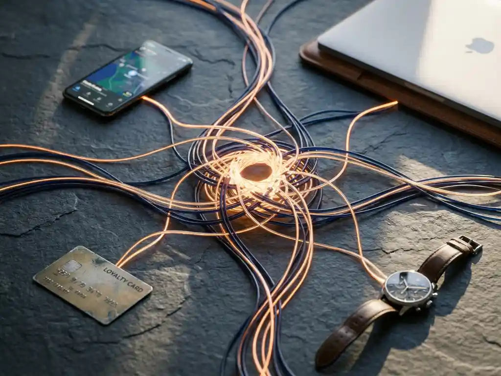 Glowing network threads connecting smartphone, loyalty card, laptop, and wristwatch on dark slate, symbolizing omnichannel integration.