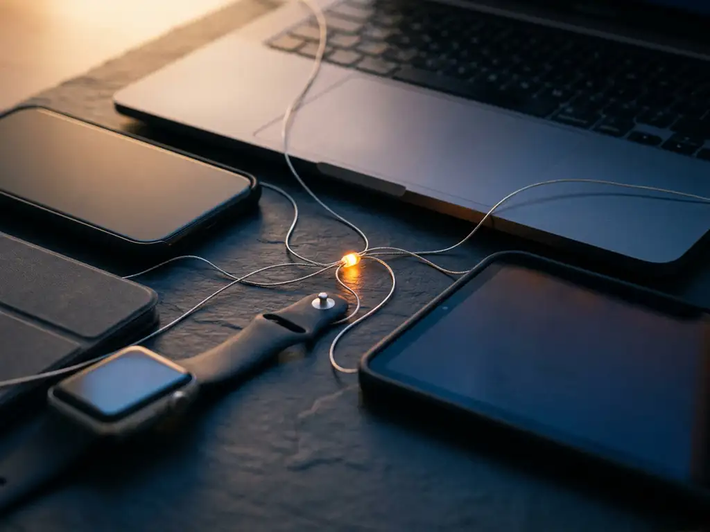 Smartphone, laptop, smartwatch, and tablet connected by metallic threads converging at a glowing amber node on a slate desk.