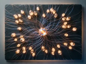Glowing copper network threads connecting amber glass nodes on dark slate, converging at a central luminous hub with electric blue accents.