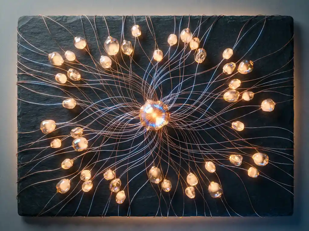 Glowing copper network threads connecting amber glass nodes on dark slate, converging at a central luminous hub with electric blue accents.