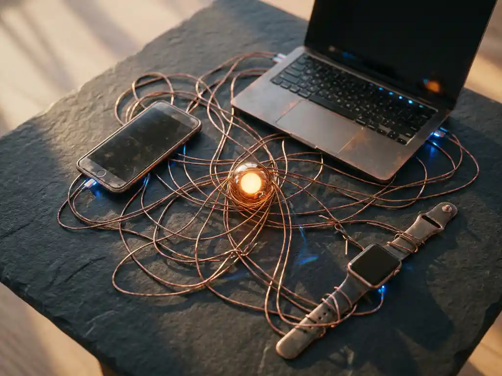 Copper threads connecting smartphone, laptop, and smartwatch converge at a glowing amber node on dark slate, symbolizing device connectivity.