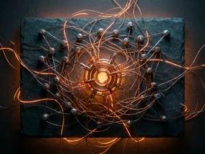 Glowing copper wire network with amber-lit nodes converging at a central hub on a dark slate surface, overhead flat lay view.