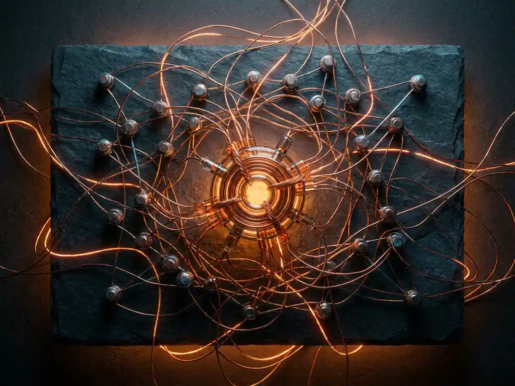 Glowing copper wire network with amber-lit nodes converging at a central hub on a dark slate surface, overhead flat lay view.