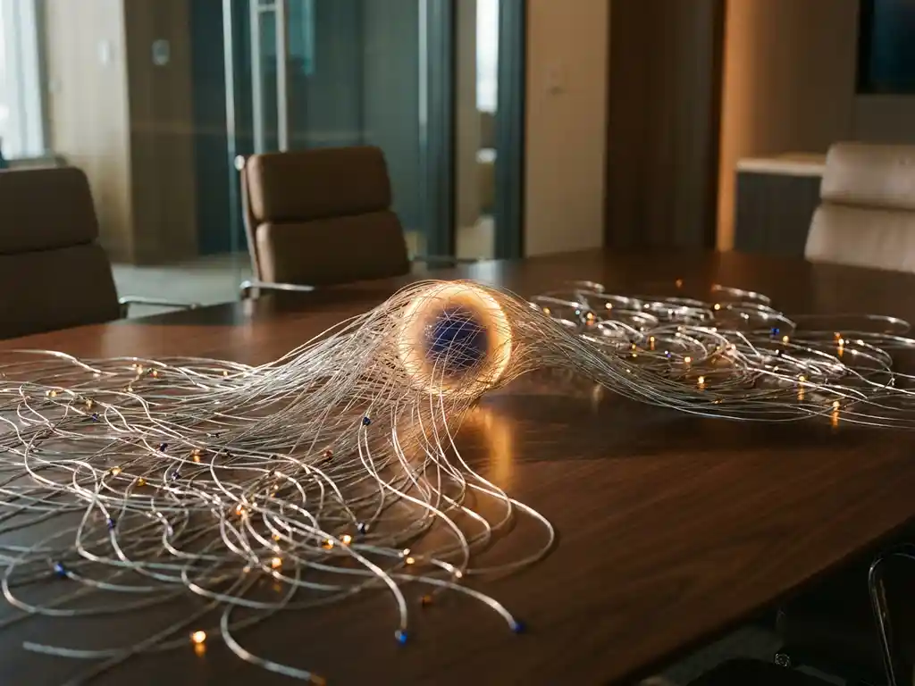 Silver threads converging into a glowing amber node on a dark conference table, symbolizing unified data integration in an enterprise environment.