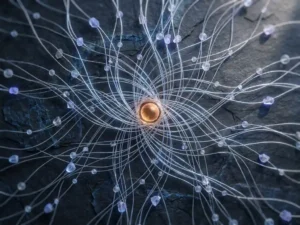 Luminous silver threads converging on a glowing amber node, connecting frosted glass orbs symbolizing fragmented digital identities on dark slate.