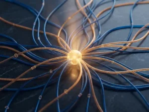 Luminous amber and navy threads converging into a single glowing node, representing unified digital identity touchpoints across email, device, and location.