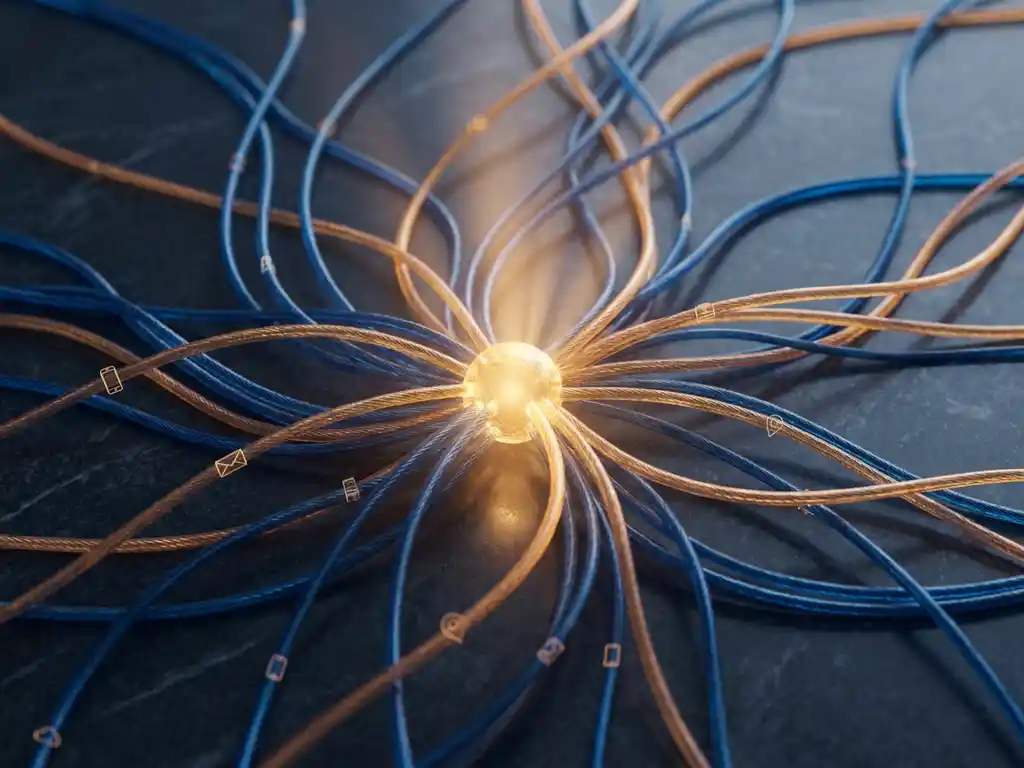 Luminous amber and navy threads converging into a single glowing node, representing unified digital identity touchpoints across email, device, and location.
