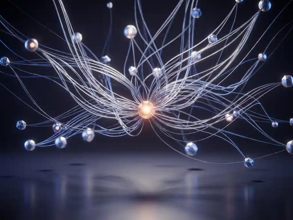 Glowing network of silver threads converging at an amber central node, representing interconnected digital touchpoints on a dark surface.