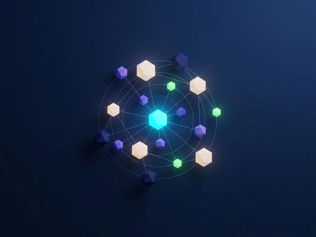 Glowing cyan node radiating light within a geometric network of violet and green accents on a deep navy background.