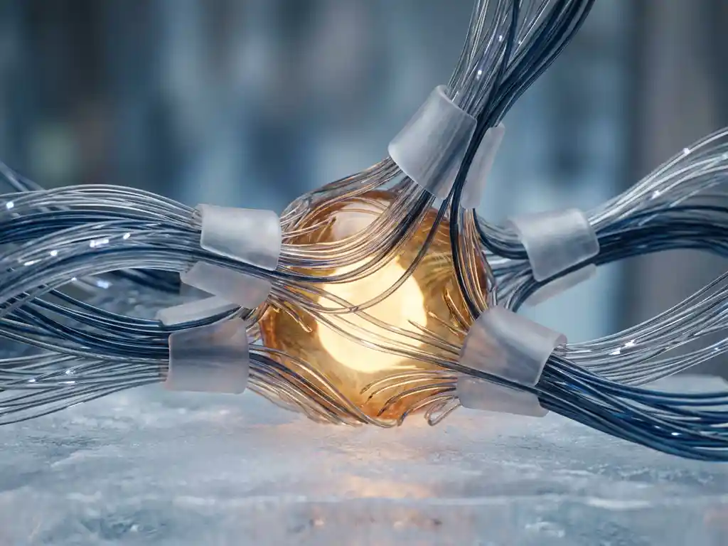 Luminous glass fiber threads converging at a glowing amber node on frosted surface, with translucent privacy shields around each connection point.
