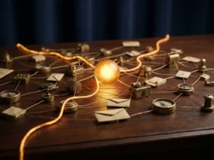 Glowing amber thread weaving through a dark navy web of interconnected nodes, converging at a luminous central point.