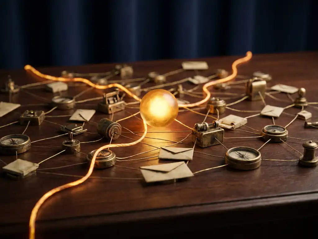 Glowing amber thread weaving through a dark navy web of interconnected nodes, converging at a luminous central point.
