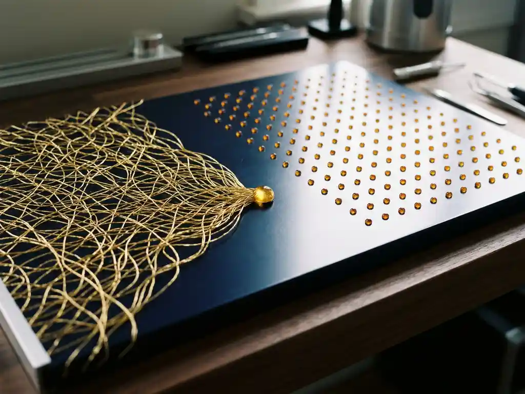 Golden threads converging into a luminous node beside a rigid grid of amber dots on a dark navy surface, illustrating connected versus isolated network structures.
