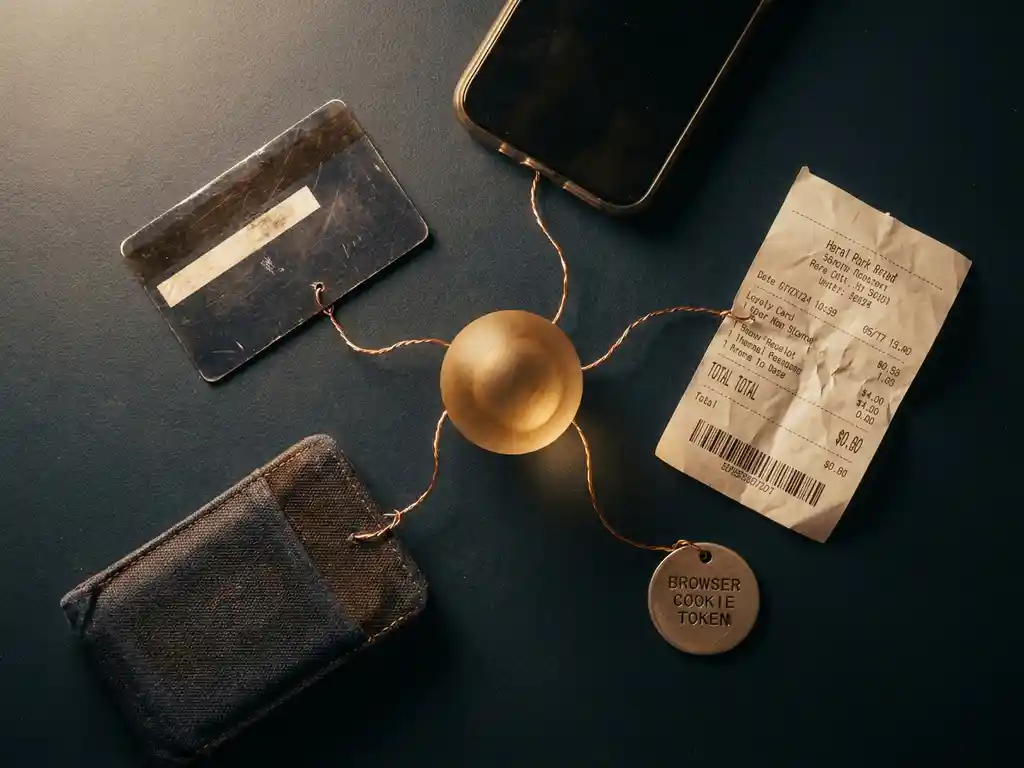 Loyalty card, smartphone, printed receipt, and browser cookie token connected by copper threads to a glowing amber node on a dark surface.