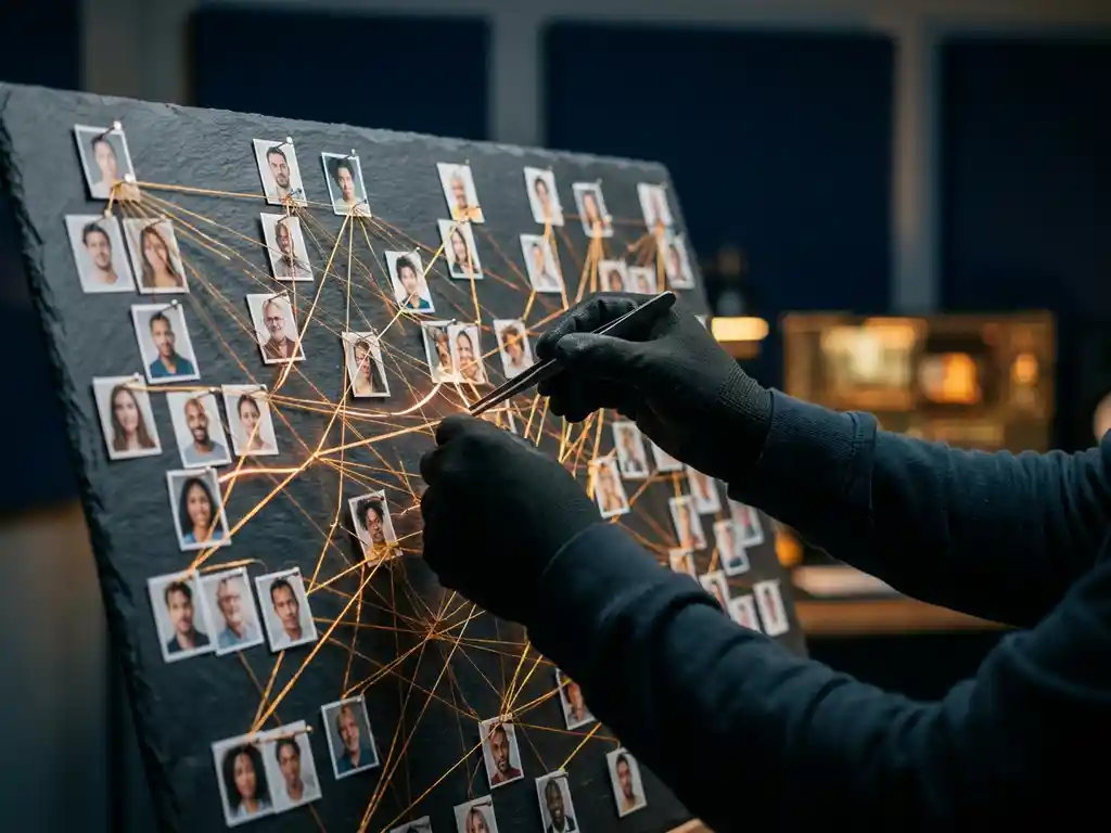 Technician's hands rerouting amber threads connecting portrait photographs on a dark intelligence analysis board.