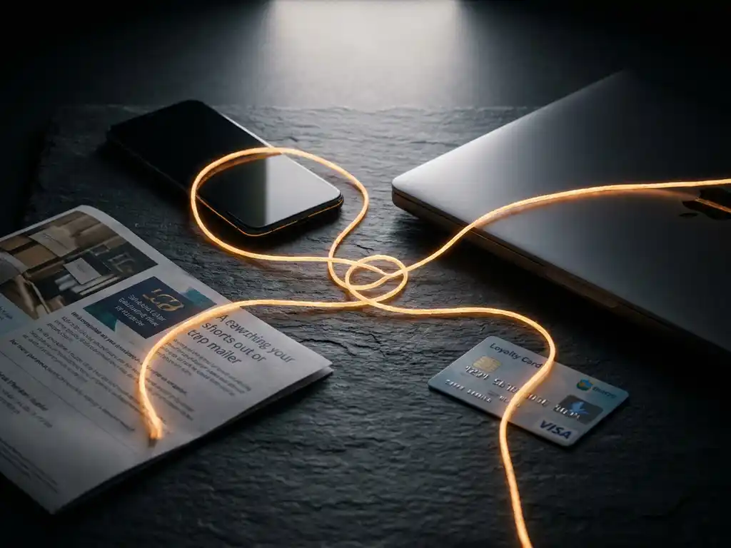 Amber thread weaving through a smartphone, laptop, printed mailer, and loyalty card, symbolizing unified omnichannel marketing connections.