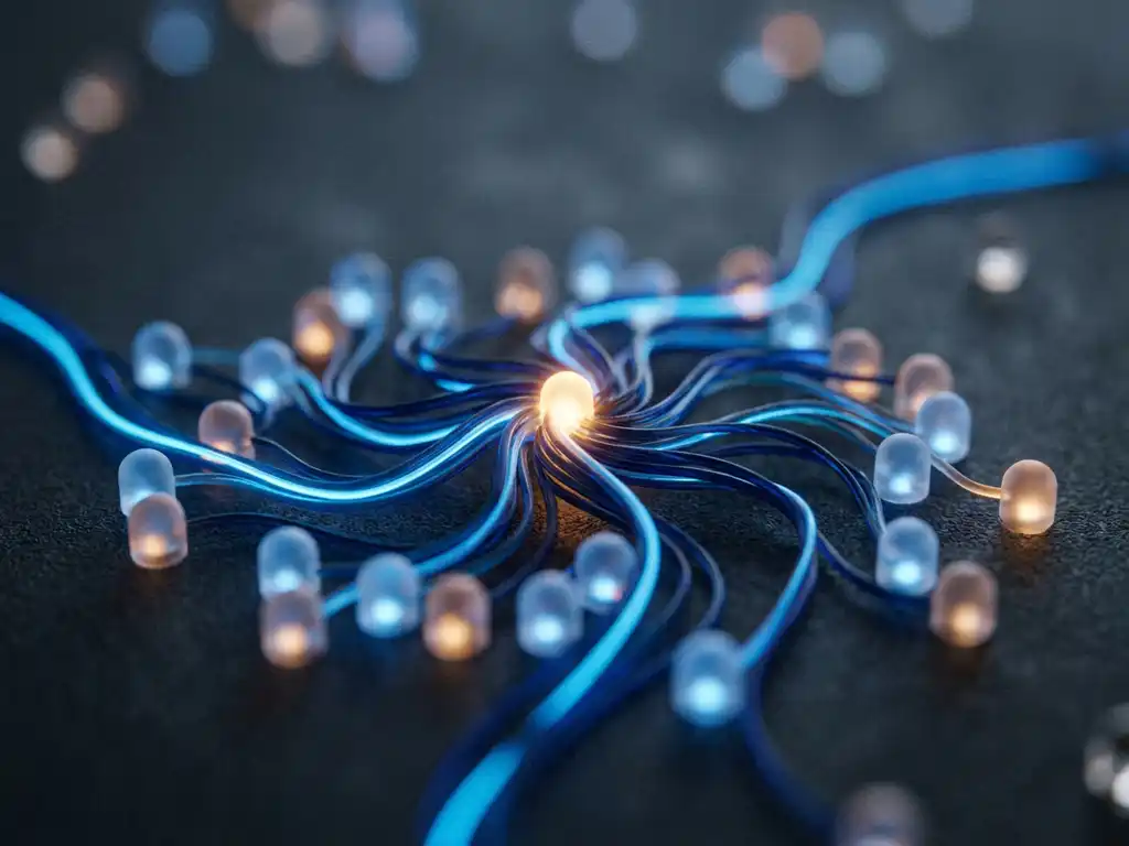 Glowing amber convergence point connecting electric blue network nodes on a dark surface, representing unified omnichannel touchpoints.