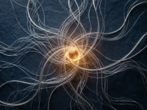 Silver and translucent threads converging into a single glowing amber node on a dark slate surface, symbolizing authenticated and anonymous network paths.