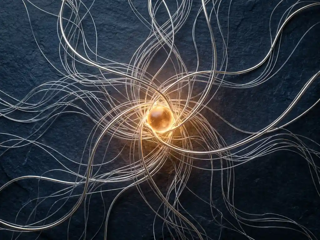 Silver and translucent threads converging into a single glowing amber node on a dark slate surface, symbolizing authenticated and anonymous network paths.
