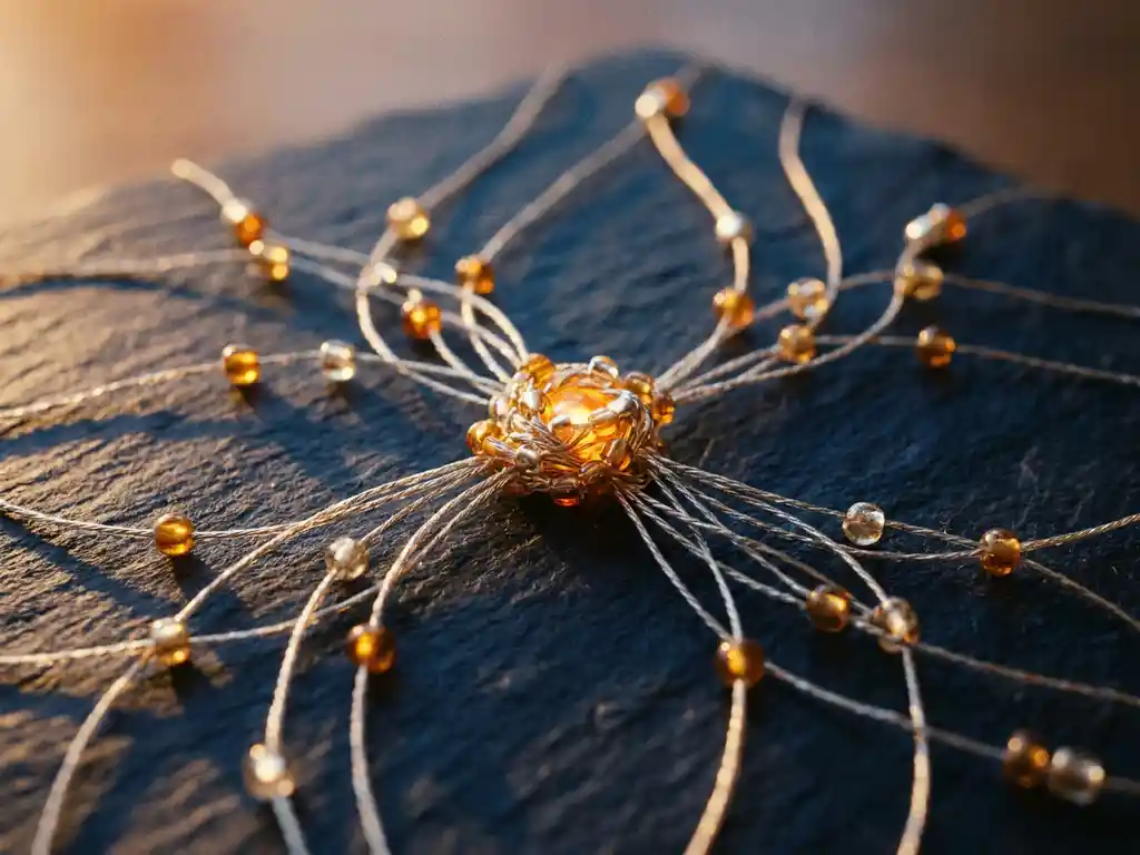 Silver threads converging into a glowing amber node on dark slate, forming an intricate network resembling a hand-assembled star map.