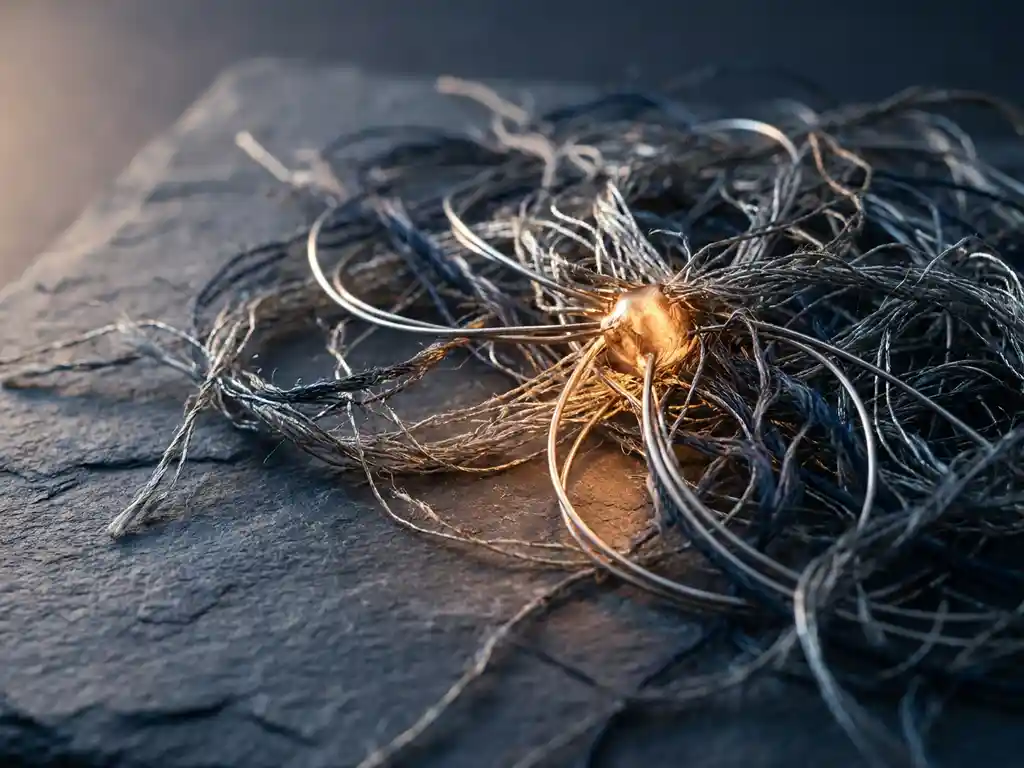 Tangled silver threads converging at a single glowing amber node on a dark slate surface, with soft directional light and shallow depth of field.