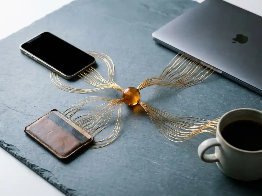 Golden threads connecting smartphone, loyalty card, laptop, and coffee cup to a central glowing node, illustrating unified customer data on a slate desk.