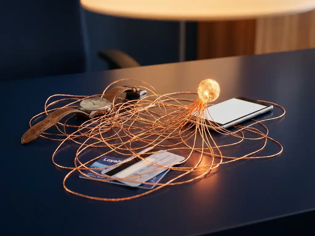 Glowing copper threads connecting a smartphone, loyalty card, and wristwatch into one luminous node on a dark navy surface.