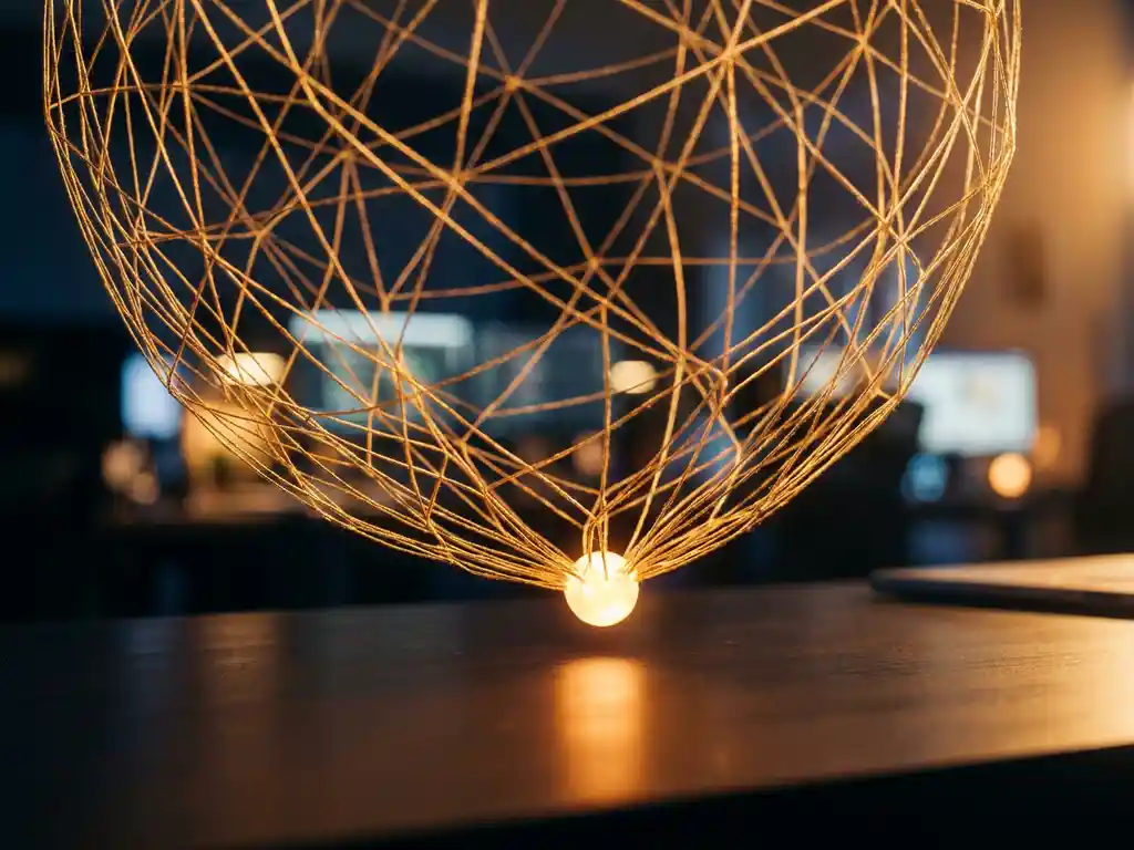 Golden web of interconnected threads converging into a glowing node above a dark desk, symbolizing unified digital identity in enterprise.