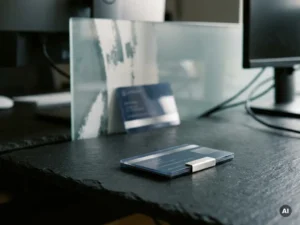 Frosted glass panel obscuring a personal profile card on a dark slate desk, one card sharp and one blurred, in cool navy and white tones.