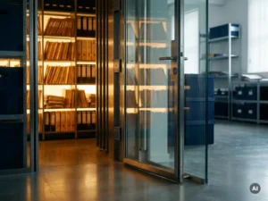Glass vault door ajar, revealing rows of glowing amber dossiers in a secure archive with warm golden light on polished concrete.