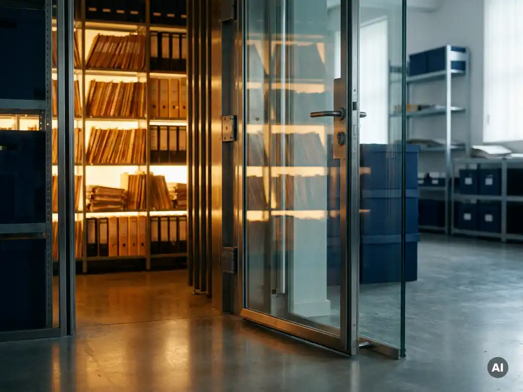 Glass vault door ajar, revealing rows of glowing amber dossiers in a secure archive with warm golden light on polished concrete.