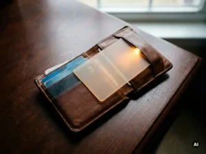Worn leather wallet open on a dark desk with fanned personal cards protected under a frosted shield, lit by warm amber accent light.