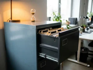 Locked steel filing cabinet with a drawer ajar revealing redacted documents and folders, a small hourglass on top representing data retention timelines.