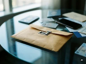 Manila envelope secured with a privacy lock on a glass desk, surrounded by blurred identity documents and a face-down smartphone.