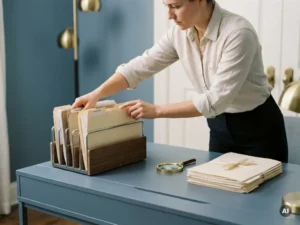 Analyst organizing labeled folders on a modern desk with a magnifying glass beside stacked documents in soft office lighting.