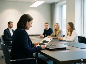 Privacy compliance officer leading a GDPR training session at a modern conference table with colleagues attentively listening.