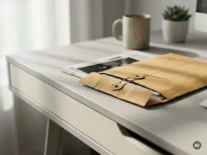 Sealed manila envelope on a modern desk, partially open to reveal blurred personal documents inside, lit by soft natural window light.